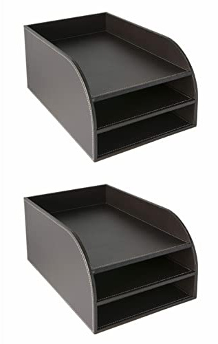 OSCO Brown Faux Leather Three Tier Letter Tray 2 Pack, A4 Desk File Organiser, Paper Storage, Office Document Sorter, Desktop Storage, Home Office, H17.5 x W25 x D37.5 cm