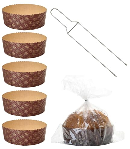 Kit Moule à Panettone Faible 1 Kg + Broche à Panettone + 5 Sachets avec Fermetures, Sacs à Panettone Professionnels en Papier Ondulé Pure Cellulose, Résistant à la Chaleur 220°C