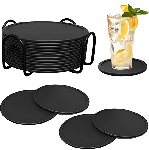 12 PiècesDessous de Verre Silicone Noir, Dessous de Verre Silicone Rond sous Verre en Silicone sans BPA pour Verres, Boissons, Tasses, Bar, Verre - sous-Verre de Table en Silicone