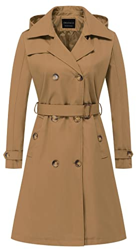 CREATMO US Langer Damen-Trenchcoat, zweireihig, klassischer Revers, Übermantel, Gürtel, schmale Oberbekleidung, Mantel mit abnehmbarer Kapuze