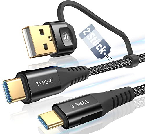 60W USB C Kabel [2 Stück 2M],Type C Kabel 2 in 1 PD Super Schnellladekabel Multi USB A/USB C auf USB C Kabel Nylon Ladekabel für Laptop Tablet i Phone 15 16 Pro Max,Samsung S24 S23 zu S8 Huawei Switch