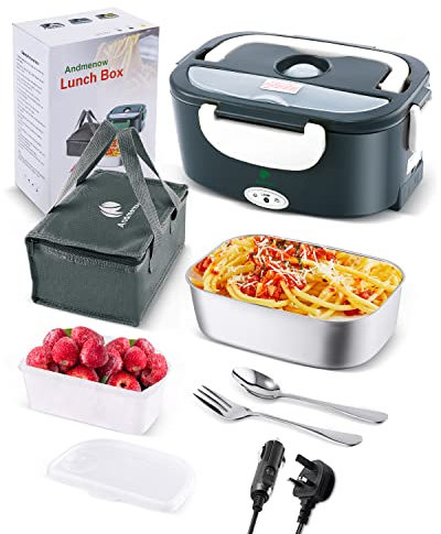 Andmenow Contenitore per il pranzo elettrico più veloce da 80 W [aggiornamento 2024], scaldavivande portatile per casa, ufficio, camion, auto, con contenitore in acciaio inossidabile 304, cucchiaio