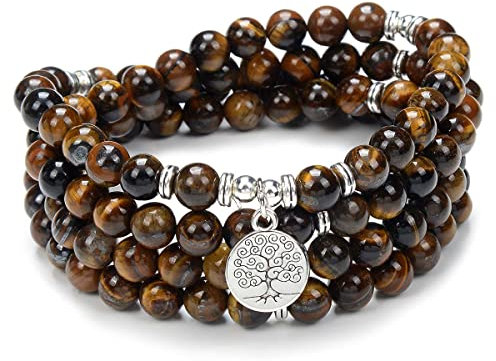 Arbre de Vie Charme 108 Mala Perles de Prière Bracelet Guérison Calmant Mala Collier pour Yoga Méditation Pratique (Oeil de tigre brun (Brown Tiger's Eye))