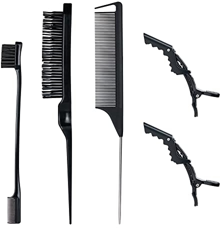 3 Stück Sleek Bun Neckerei Bürsten Set Schwarz, Borsten Haarbürste Stiel Kamm, Rattenschwanz Haarkamm, Doppelkanten Bürste Kämme Pflege Kanten mit 2 Alligatorclips für Friseurin Frauen Baby Kinder