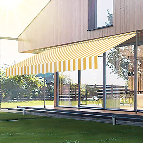 Ikodm Toldo con manivela 350 x 120 x 200-300 cm, Amarillo y Blanco, sin taladrar, Resistente a los Rayos UV 50 +, Altura Regulable, protección Solar, Impermeable, fácil Montaje