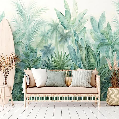 Livingwalls Vliestapete - Tapete Palmenblätter in Grün, Beige und Blau - Wandtapete für verschiedene Räume - Wandbild XXL 2,80 m x 2,65 m