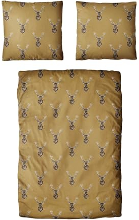 Traumschloss Classic Microfaser Flanell Bettwäsche, Hirsch, Muster, Gold, 135x200 & 80x80, 100% Polyester, wärmend & kuschelig, mit Reißverschluss bestehend aus Kissen und Bettbezug