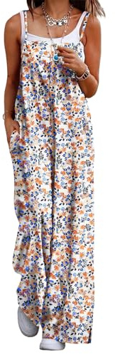 YESNO Women's Ladies Dungarees Summer Boho Floral Printed Overalls Cotton Baggy Jumpsuits with Pockets S PZZCRUK 377