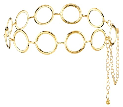 Jeffdad Kreisverkehr Taillengürtel Silber Gold Damen, 115cm Einstellbare Damen Gürtel Mode Metall Kettengürtel Legierung Taille Gürtel Taillenkette Kettengürtel für Jeanskleider (Gold)