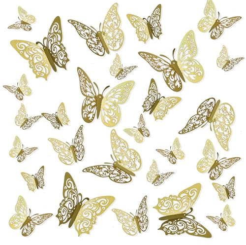 Farfalle Decorative,Decorazioni Halloween,Adesivi Murali,Stickers,Farfalle,Adesivo Muro Decorativo,Farfalle Decorative Torta,Decorazione Da Parete,Farfalle Decorative Da Parete,Adesivi 3d,24 Pezzi,Oro