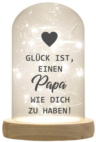 WB wohn trends LED-Glaskuppel, Glück ist einen Papa wie Dich zu haben, 16,5x11cm, Glasglocke mit LED-Licht und Holz-Fuß LED-Laterne LED-Lampe mit Text Spruch