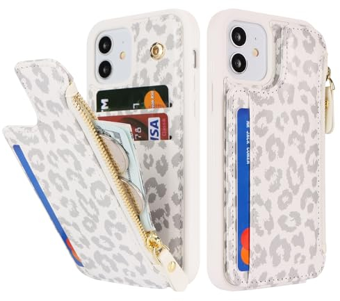 SailorTech Handyhülle für iPhone 12/12 Pro Etui mit Kartenfach, iPhone 12 Hülle mit Kartenhalter, iPhone 12 Pro Handyhülle mit Reißverschluss Geldbörse - Weißer Leopard