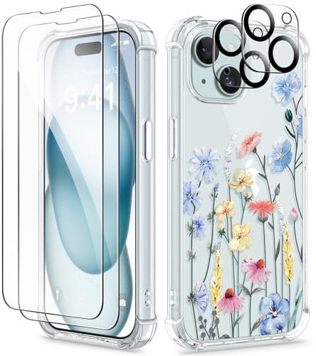GVIEWIN Kompatibel mit iPhone 15 Hülle 6,1 2023, mit Displayschutzfolie + Kameraschutz, [Militärischer Schutz] Anti-Gelb Blume Klar TPU Dünn Stoßfest Kratzfest Handyhülle,Eisenhut/Hellblau