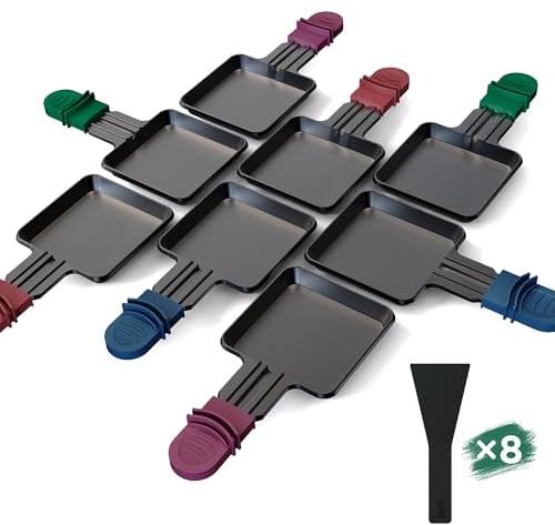 Yoassi 8 Pcs Poêlons Raclette Carré à Revêtement Antiadhésif,Mini Coupelle Raclette avec Poignées Colorées Anti-brûlures pour Fromage Fondu Oeuf Frit,8 Pcs Spatules Raclette Passés au Lave-vaisselle