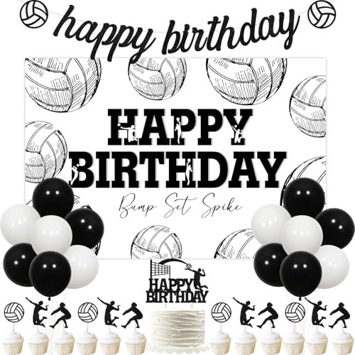 Kreatwow Decorazioni per feste di compleanno a pallavolo: sfondo, striscione, topper per torte, topper per cupcake, palloncini (nero, bianco)