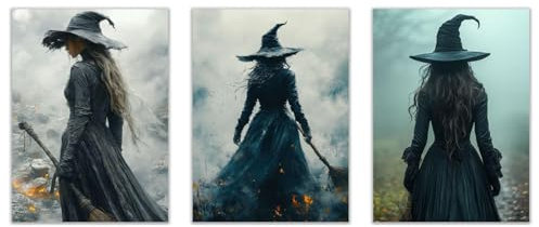 JOSUE 3-teiliges Set Schwarz, grau Halloween Bild Bilder Aesthetic Leinwand, Hexe Bilder Wohnzimmer Bilder, Poster, Kunstdrucke-40x60cmx3 Ungerahmt