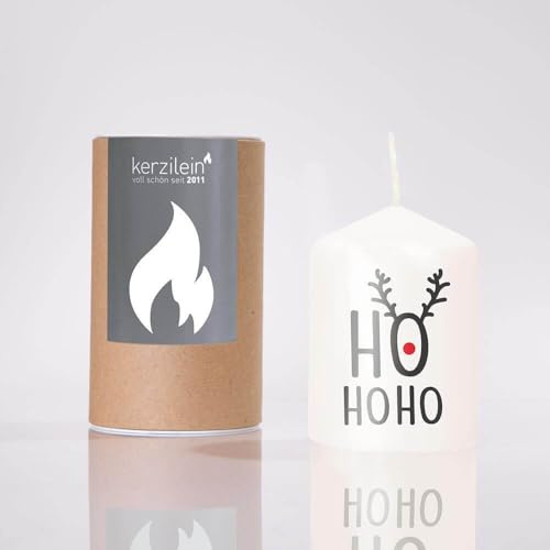 kerzilein Flämmchen HO HO HO GEWEIH weiß/anthrazit/rot, Stumpenkerze klein 8 x 6 cm, Spruchkerze handveredelt, Geschenkidee zu Weihnachten