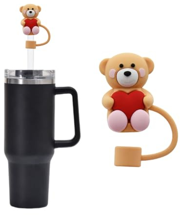 1Pc 10mm Khaki Cute Bear Silicone Straw Covers Cap for Stanley Cup, Straw Topper Compatible for 30 and 40 Oz Tumbler with Handle 0.4 in Straw Tips Lids