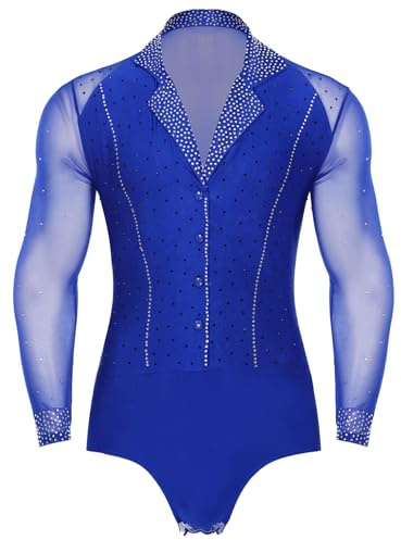 Freebily Herren Body Langarm Einteiler Glitzer Strass Mesh Latein Tanz Hemdbody Mit Revers Ballsaal Standard Tanz Kostüm Leotard Blau M