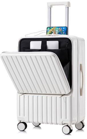 Simcat Carry On Suitcase, 20-Inch Cabin Suitcase with Front Zipper Pocket, PC+ABS Lightweight Airline Approved Luggage with Cup Holder, USB/Type-C Port, TSA Lock, Silent Wheels (White,20 inch Cabin)