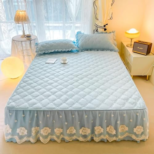 KnSam Drap Housse 180x220cm - Bleu Bébé, Cache-sommier Dentelle Motif Floral Brodé, Protège Matelas Matelassé Doux et Confortable