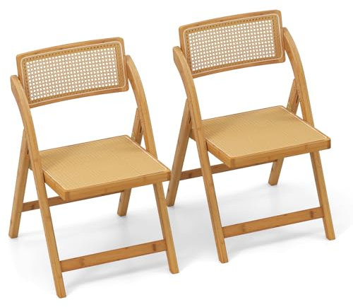 COSTWAY Rattan Folding Chairs Set of 2, Bamboo Dining Chairs with Rotatable Backrests & Anti-slip Foot Pads, Wicker Side Accent Kitchen Chair for Home Living Dining Room, No Assembly Required