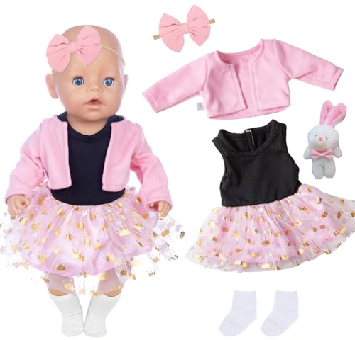 5 Stück Süßes Puppenkleidung für 35-43cm Puppen, 14-18 Zoll Baby Puppen Kleidung mit Tüllrock Rosa Jacke Schleife Socken Kaninchenpuppe Kompatibel mit Annabelle Puppen