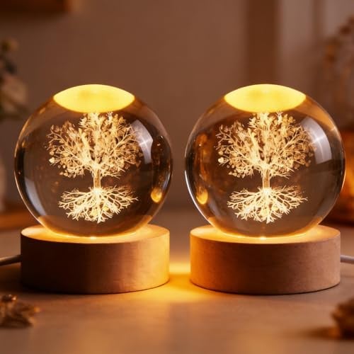 2 Stk 3D Kristallkugel Nachtlicht: 60mm Lebensbaum Glaskugel Lampe USB 3D Gravur Lebensbaum Nachtlicht, Glaskugel Nachtlampe mit LED Holzsockel für Weihnachten Erntedankfest Valentinstag Wohnkultur