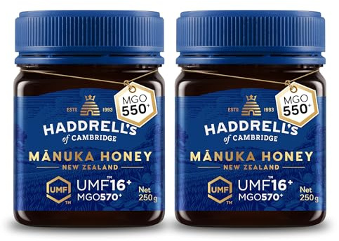 Haddrell's of Cambridge Manuka Honig 550+ MGO (UMF 16+) 2x250g – Zertifizierter Manukahonig aus Neuseeland – Reich an Methylglyoxal – Nachhaltig, roh, hoher MGO-Gehalt – Honig in Premium-Qualität