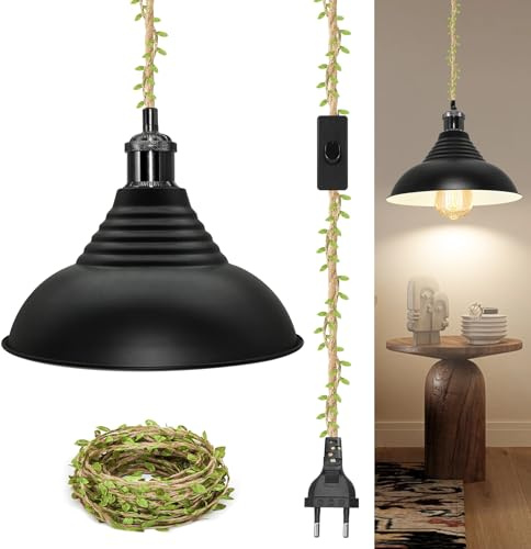 ZRLXFM Vintage Hängelampe mit Stecker, Pendelleuchte Kit Hängeleuchte mit 5.1M Hanfseil Kabel und Schalter, E27 Lampenfassung, Metall Lampenschirm Hängelampe, 5m grünes Dekoband
