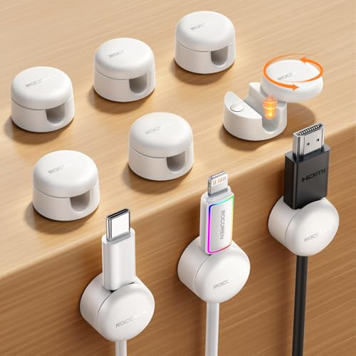 Rocoren Cable Tidy Clips, 9 Pack Magnetic Desk Cable Cord Organiser, USB Charger Cable Holder, Strong Adhesive Wire Management [360° Rotatable] for Nightstand, Kitchen Appliances, Office - White