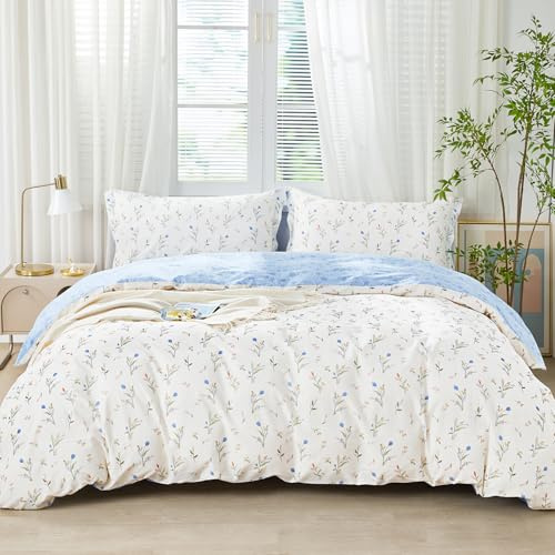 SAPHREAS Bettwäsche 200x220 Blumen Bettwäsche Sets Baumwolle Blau Pflanzen Botanisch Blumenmuster Bettwäsche 3teilig Kuschelige 1 Bettbezug 200x220 cm mit Reißverschluss + 2 Kissenbezug 80x80 cm