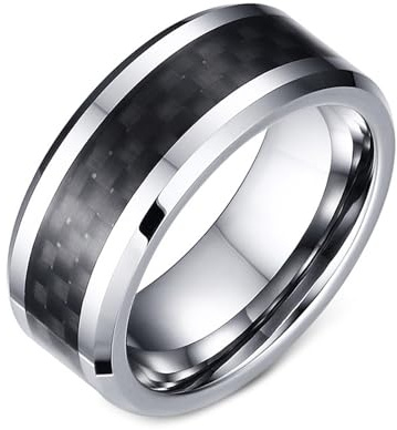 TIEHOKTW Herrenring Silber Schwarz 8MM mit Gravur, Trauringe Edelstahl Kohlefaser Verlobungsring Abgeschrägte Kanten Modeschmuck für Männer