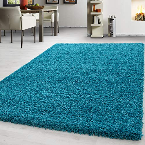 Teppium Moderner Hochflor Teppich Wohnzimmer 140 x 200 cm Türkis - Shaggy Flauschiger Teppich, Extra Weich, Pflegeleicht und Einfarbig - für Schlafzimmer, Küche und Esszimmer