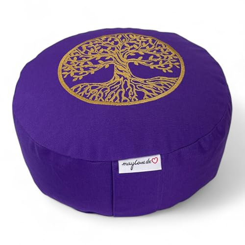 maylow - Yoga mit Herz ® Yogakissen Meditationskissen mit Stickerei Baum des Lebens Bezug und Inlett 100% Baumwolle mit Dinkelspelz gefüllt (violett, 15)