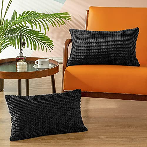 CaliTime Kissenbezüge Kissenhülle 2er-Pack Comfy Bolster Pillow Covers Cases for Couch Sofa Bed Comfort Supersoft Cord Corn Striped Both Sides 30cm x 50cm Black