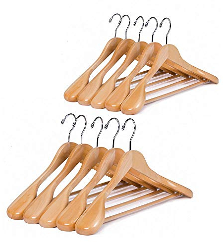 BesToop Kleiderbügel aus Holz 10 Stück, Holz Kleiderbügel für Anzug und Jacken, extra breiter Schulter mit Hosensteg, Mit rutschhemmendem Steg, Natur