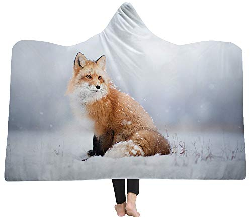 Chickw1 Decke mit Kapuze, 3D Schneeszene Tier Druck Kuscheldecke mit Kapuze Plüschdecke Pelzdecke Decken mit Hoodie für Erwachsene Kind Couch Sofa oder Bett (200x150cm,Fuchs)