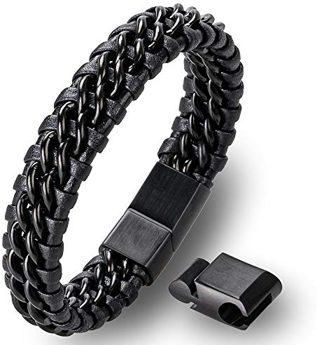 HOOF Armband Herren | Echt-Leder-Edelstahl Schmuck Männer | Armreif geflochten | Edle Schachtel Box Etui | Personalisiertes Geschenk Rocker, Biker, Wikinger, Gothic, Punk B2(24cm - 25cm Schwarz