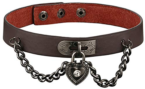 JewelryWe Leder Halsband Herz Choker: Damen Herren Braun Lederhalsband mit Herz Schloss Sperren Kette Anhänger Gothic Punk Kragen Halskette 38,5cm Lederkette für Männer Frauen