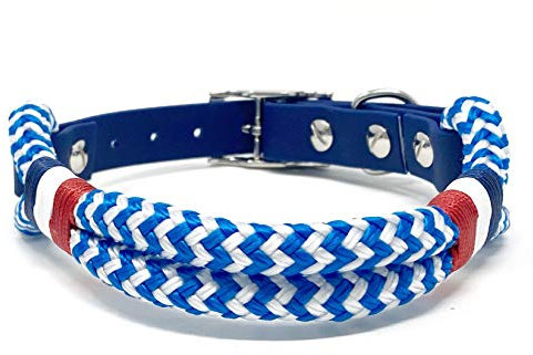 Wau-Effekt Tauhalsband für Hunde - 100% Handarbeit - Halsband - Halsung aus robustem Segeltau mit Biothaneverschluss (M, Blau/Weiß - Blau Weiß Rot)