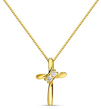MIORE Schmuck Damen 0.05 Ct Diamant Halskette Kettenanhänger Kreuz mit Brillanten Kette aus Gelbgold 9 Karat/ 375 Gold