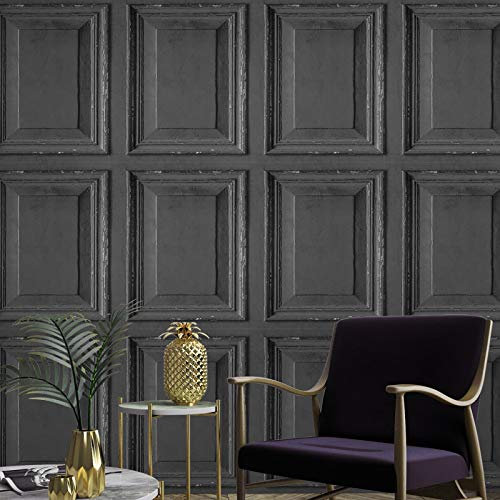 Grandeco Life Wood Panels Black Wallpaper A49203 - Distressed Wooden Panelling