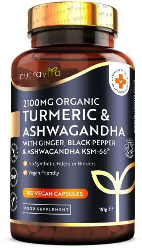 Nutravita Turmeric & Ashwagandha KSM-66 ® - 180 High Strength Capsules with Ginger & Black Pepper - Organic Tumeric & Ashwagandha Supplement - Vegan & Gluten Free - UK Made