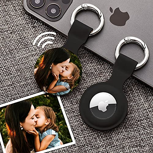 VEELU Personalisierte Airtags Schlüsselanhänger mit Foto Silikon Stoßfest Weich Schwarz GPS Bild Bedrucken für Hund Katze Geschenk Freund Frauen Mann Geburtstag Weihnachten Valentinstag