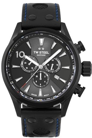 TW Steel Swiss Volante Herren 48mm Quarzuhr mit schwarzem Zifferblatt, blauem Lederarmband und Datumskalender SVS308