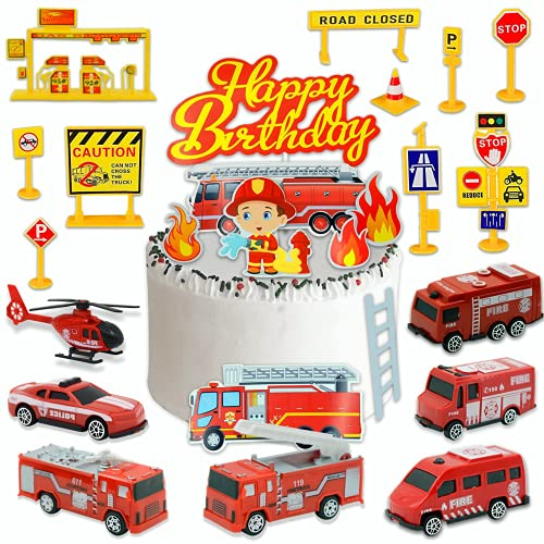 jiuzcare Feuerwehrauto Kuchendekoration 25 Stücke Feuerwehrauto Tortendeko 7 Pcs Feuerwehrauto und Hubschrauber Spielzeug 8 Pcs Tortendeko 9 Pcs Spielzeug Straßenschilder 1 Tankstelle Geburtstags Deko