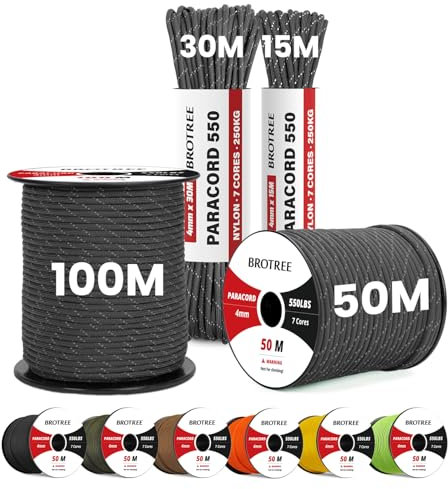 Brotree 4mm Paracord 550 15M 100% Nylon Rope 7 Strands Type III Parachute Cord for Outdoor and DIY - 250kg Breaking Load (Reflective Black)