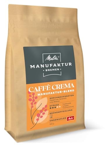 Melitta Manufaktur-Kaffee Caffè Crema Spezialitäten-Kaffee, 500g, Kaffee-Bohnen, ungemahlen, Regionenkaffee aus Brasilien, Kolumbien und Äthiopien, geröstet in Deutschland, Stärke 3