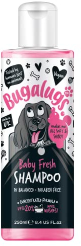 Bugalugs Shampoo für Hunde, 250 ml, Duft Baby Fresh, sanfte und gründliche Reinigung, ohne Parabene und Sulfate, geeignet für empfindliche Haut und häufige Anwendung bei Allen Rassen